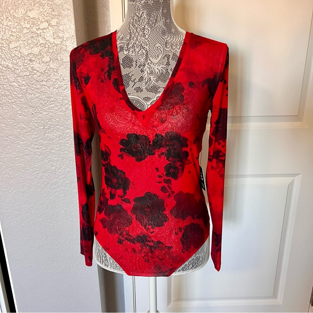 Express Red and Black Floral Mesh Long-sleeve Bodysuit